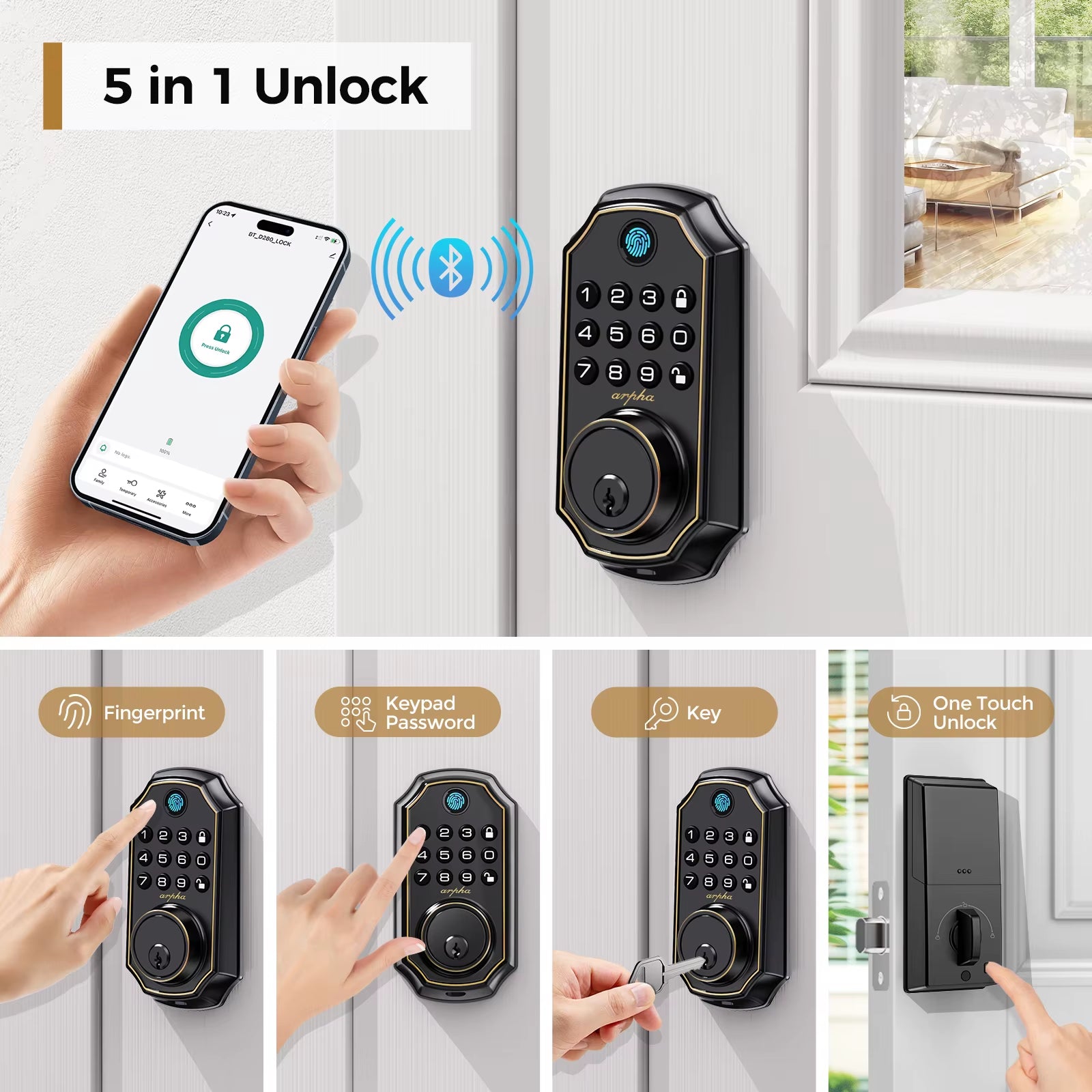 D280 Keyless Entry Door Lock 5-In-1 Smart Fingerprint Deadbolt with Keypad Electronic Deadbolt Auto-Lock One Touch Lock