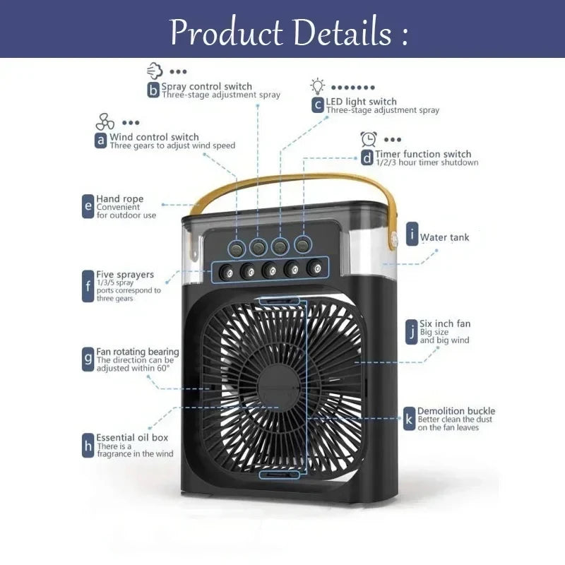 Portable Fan Air Conditioners USB Electric Fan Air Cooler LED Night Light Water Mist Fun 3 in 1 Air Humidifier for Home