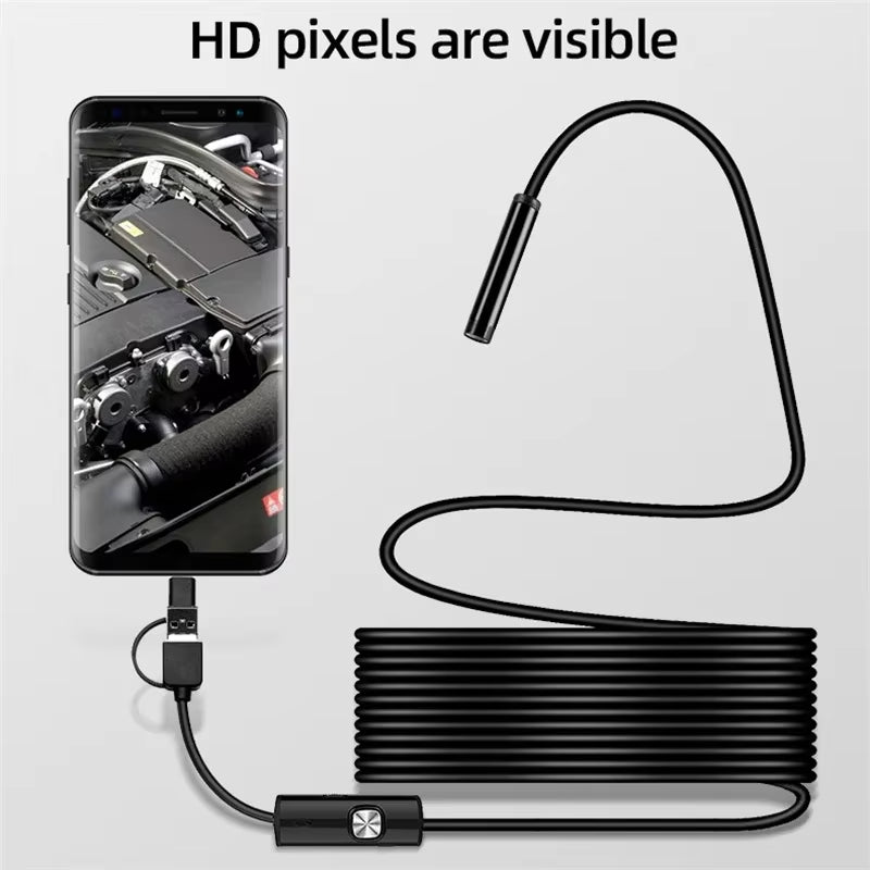 Industrial Borescope 3-in-1 Endoscope Camera – 6 LED Lights, IP67 Waterproof, Type-C & OTG Inspection Camera for Pipeline, Automotive & Home Repair