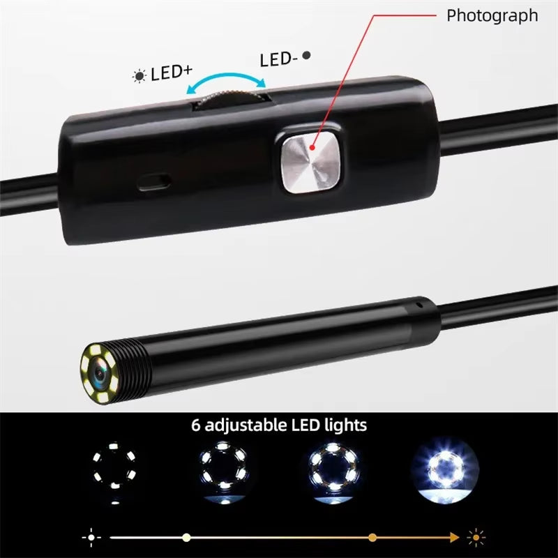 Industrial Borescope 3-in-1 Endoscope Camera – 6 LED Lights, IP67 Waterproof, Type-C & OTG Inspection Camera for Pipeline, Automotive & Home Repair
