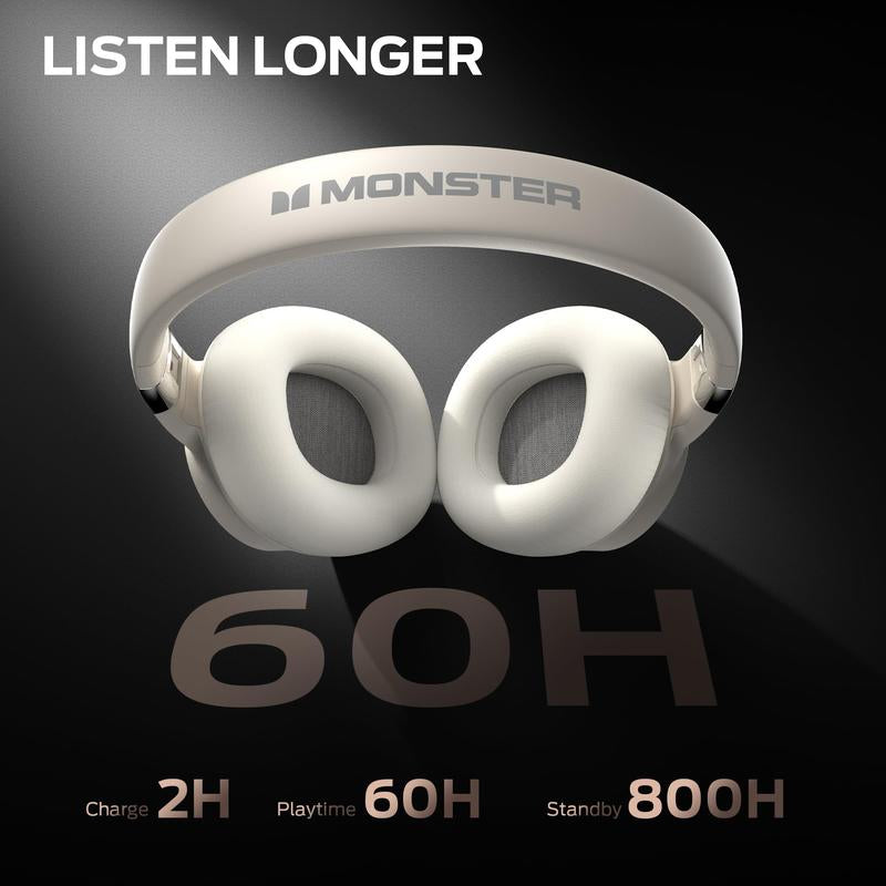 Monster Over-Ear Headphones with Pure Bass Sound, Bluetooth 5.4 Active Noise Cancelling Headphones, up to 60H Battery Life and Speed Charge, Lightweight, Comfortable and Foldable Design (Black & White)