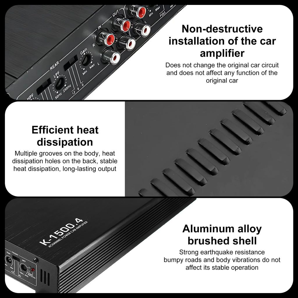 2000W Car Amplifier 4 Channel,  Digital Car Amplifier Stereo Class A/B Amp Audio with 2/4 Ohm Stable, Adjustable Low/High Pass, Bass Boost