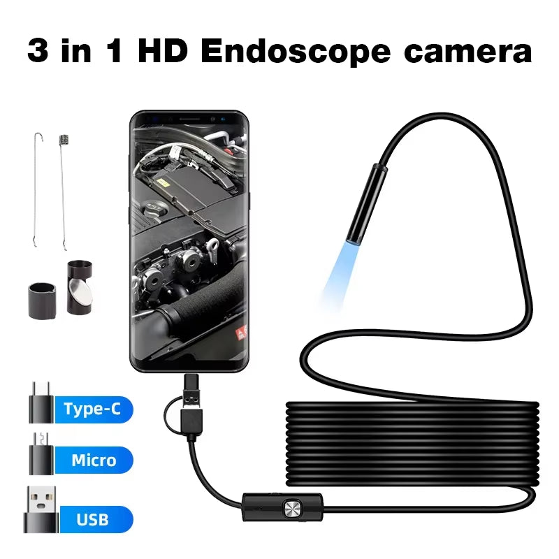 Industrial Borescope 3-in-1 Endoscope Camera – 6 LED Lights, IP67 Waterproof, Type-C & OTG Inspection Camera for Pipeline, Automotive & Home Repair