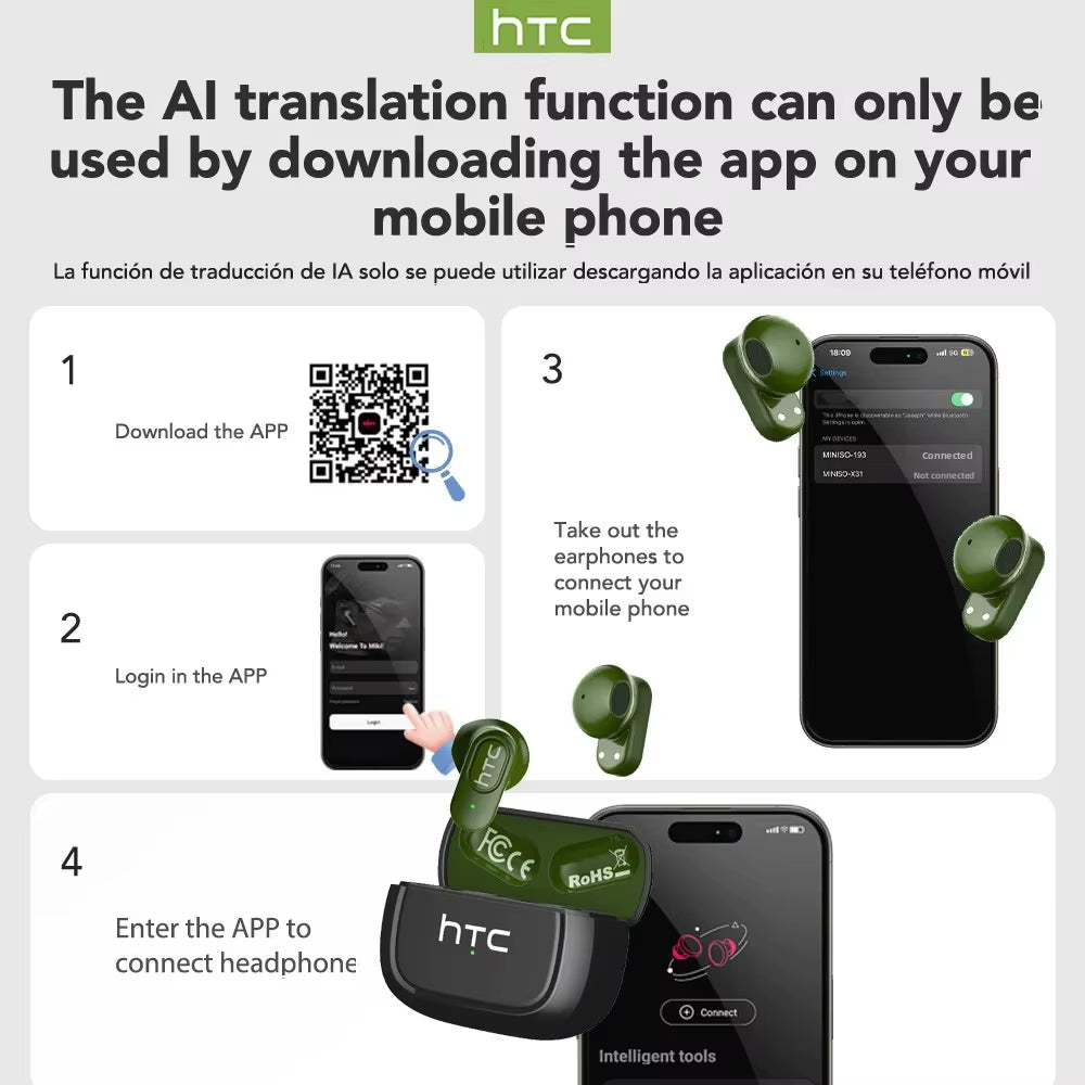 NE51 Bluetooth Earphones TWS Sport Wireless Headphones Long Life with Mic In-Ear Earbuds AI Translator Earbuds