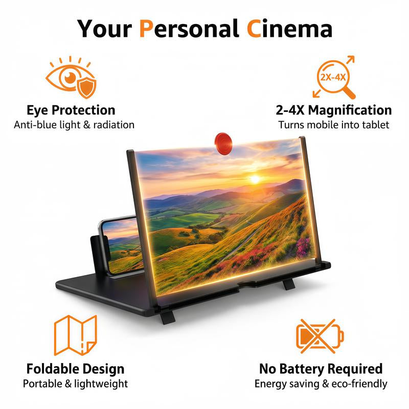 12” 3D HD Phone Screen Magnifier – Foldable Smartphone Screen Amplifier Stand for Movies, Videos & Eye Protection (No Battery Required)